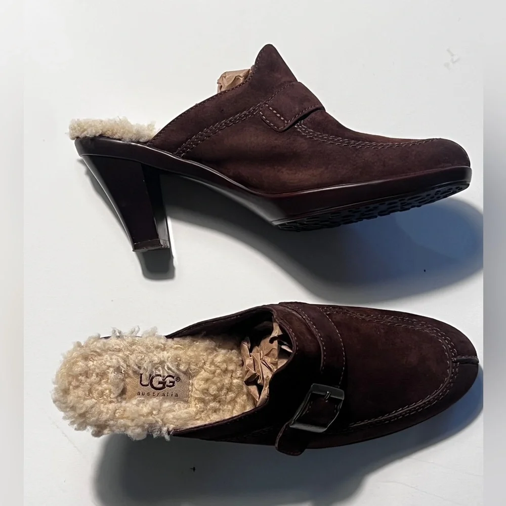 UGG Isabella Brown Suede Sheepskin Buckle Clog Block Heels